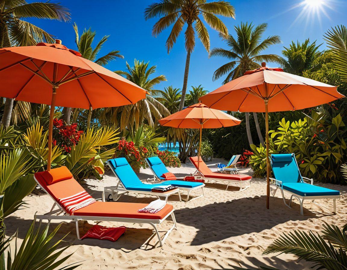 A vibrant beach scene featuring a variety of chic bikini styles and trendy beachwear on stylish mannequins, with palm trees, sun loungers, and colorful beach umbrellas in the background. Include sun rays casting playful shadows and beach accessories like sunglasses and hats scattered around. Capture the essence of summer fun and fashion. super-realistic. vibrant colors. tropical setting.