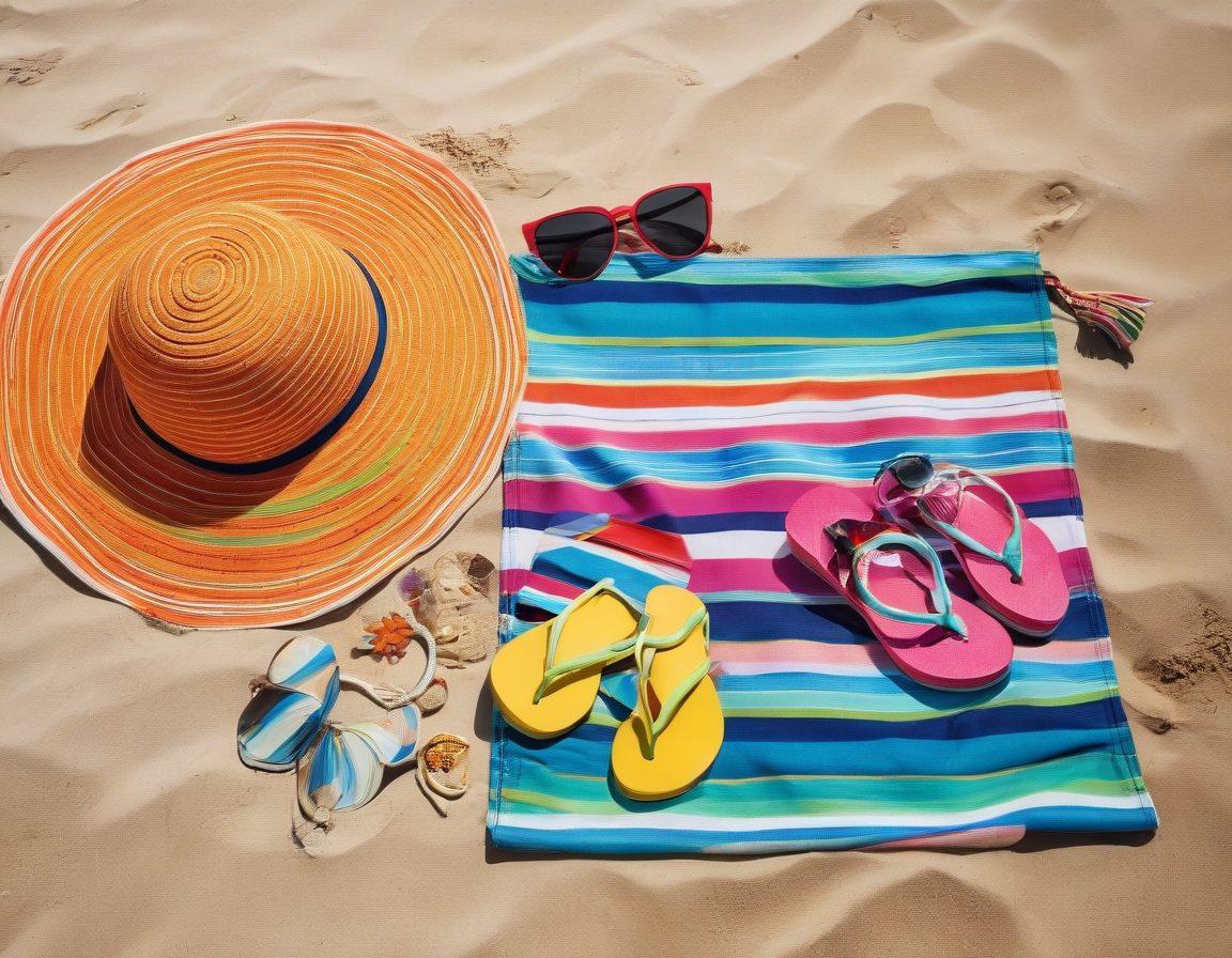 A vibrant beach scene featuring a stylish beach towel, trendy sunglasses, colorful flip-flops, and a chic beach bag all expertly arranged on golden sand. Visual elements like a sparkling ocean in the background and sun loungers with umbrellas add depth and ambiance. The swimwear should be present, showcasing a perfect blend of accessories. Bright blue skies and lively beachgoers enhance the lively atmosphere. super-realistic. vibrant colors. sunny day.